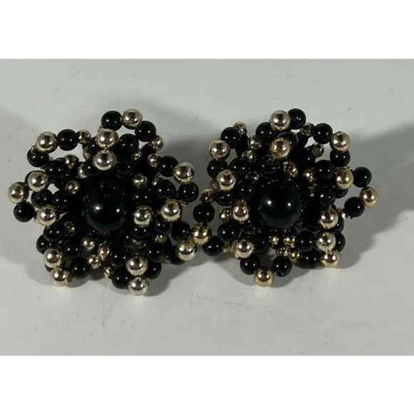 VTG Black Gold Tone Lucite Bead Cluster Chunky Pierced Earrings - Picture 1 of 2